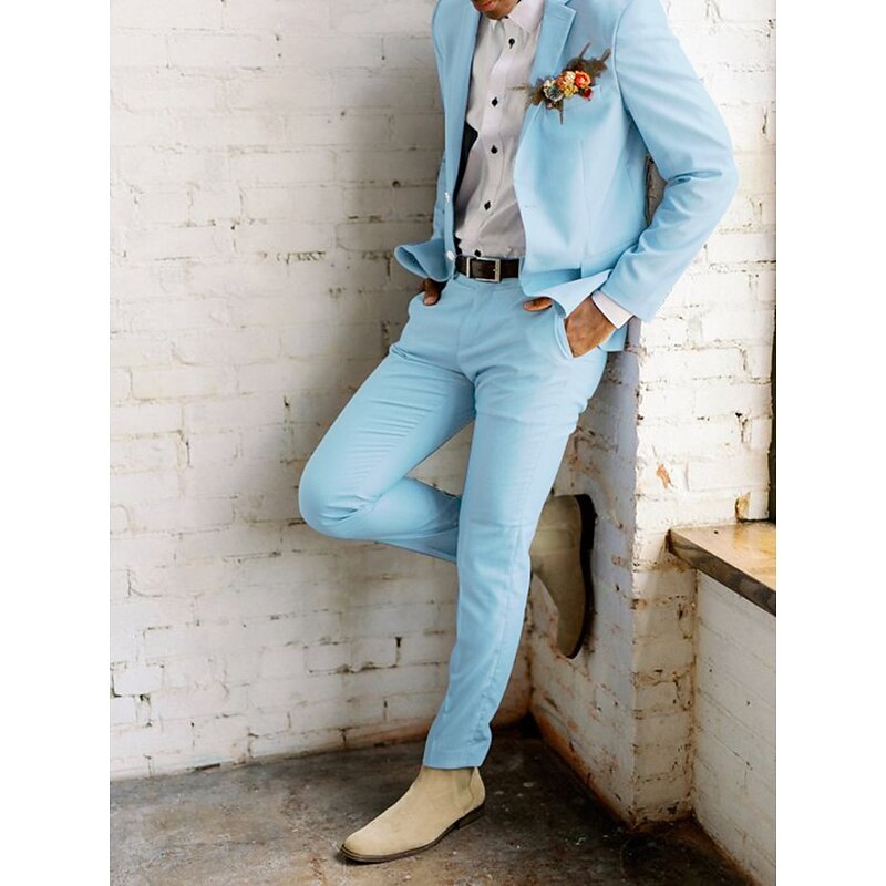Men's Wedding Beach Wedding Suits Notch Sky Blue Solid Colored Tailored Fit 2 Piece Single Breasted Two-buttons