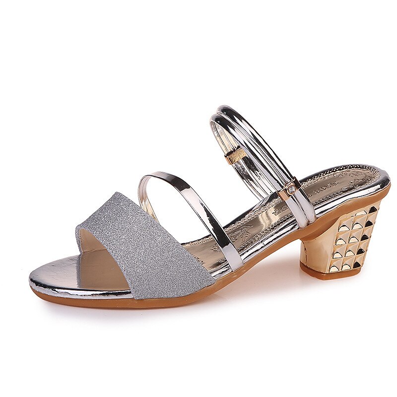 Women's Silver Strappy Heels with Studded Block Heel - Ideal for Parties and Special Events2