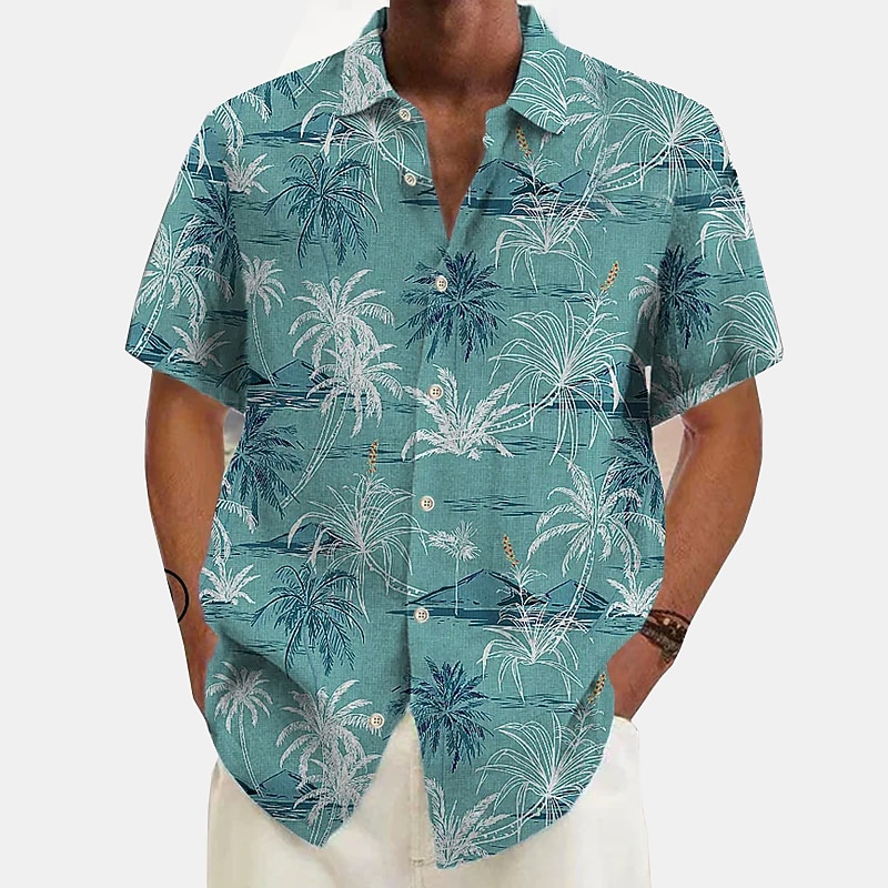 Men's Linen Shirt Beach Shirt Summer Hawaiian Shirt Button Up Shirt Coconut Tree Vacation Hawaiian White Green Khaki Dark Blue Short Sleeve Lapel Spring & Summer Clothing Apparel Print2