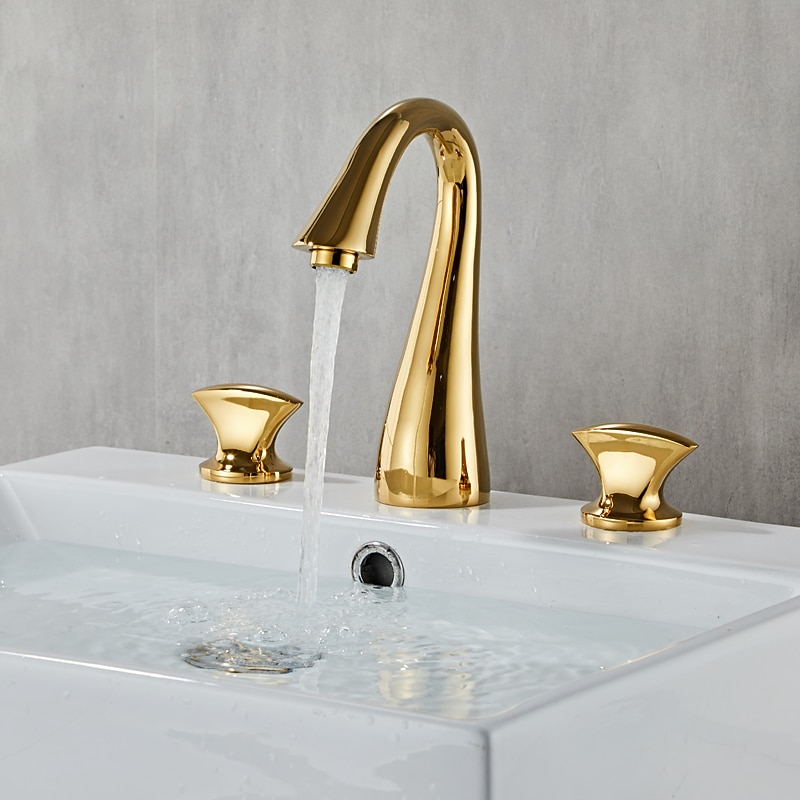 Widespread Bathroom Sink Mixer Faucet, 3 Hole 2 Handle Brass Valve Deck Mounted Basin Taps with Hot and Cold Hose, Vessel Water Tap2