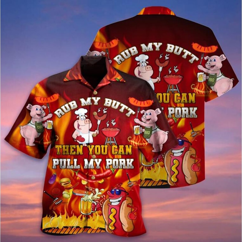 Men's Food Letter Shirt Button Up Shirt Short Sleeve Tropical Fashion Hawaiian Outdoor Daily Beach Summer Spring Turndown Print Button-Down Black Black / Green Yellow Light Green Black / Red4