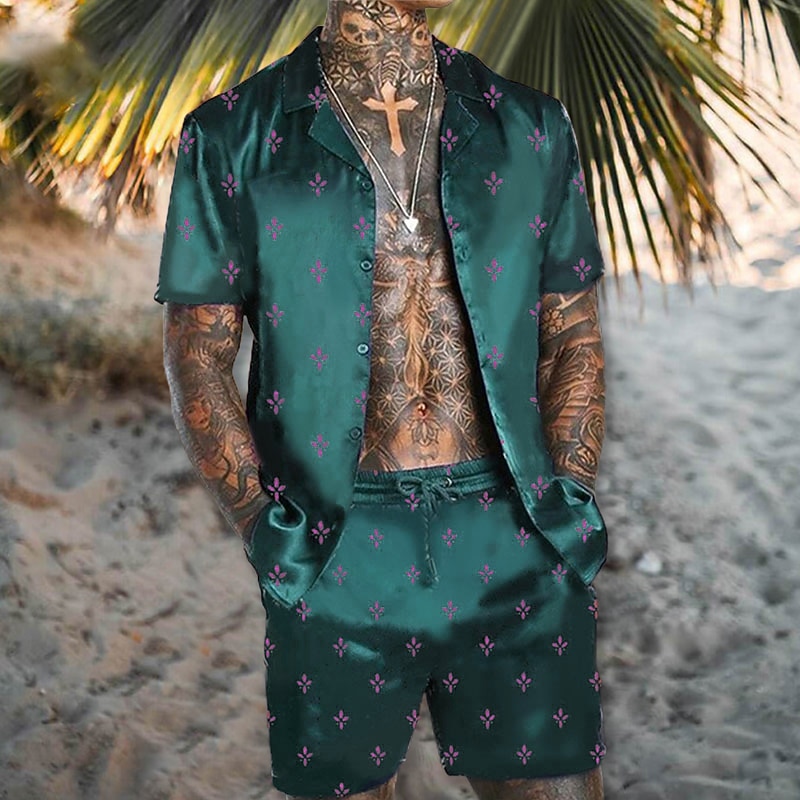 Men's Floral Geometric Pattern 2pcs Shirts Sets Summer Hawaiian Shirt Short Sleeve Short Pants Turndown Tropical Fashion Hawaiian Casual Holiday Beach Print Summer Spring Light Green Red Blue2