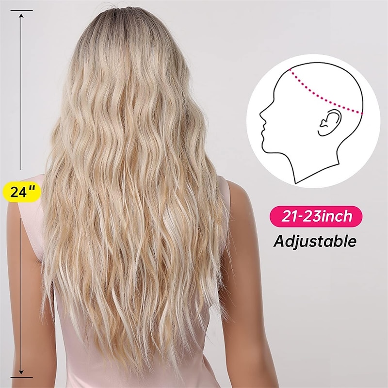 Allbell Blonde Platinum Wig for Women Long Curly Synthetic Hair with Bangs Wave Wigs with Dark Roots barbiecore Wigs3