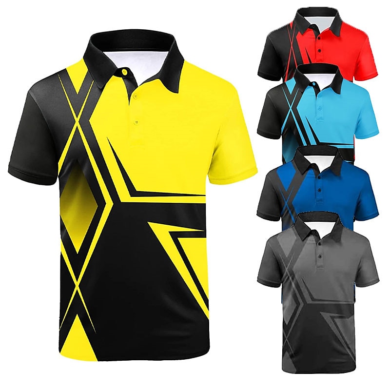 Men's Striped Sports Polo Shirts Golf Shirt Short Sleeve Polo Shirts Collared Shirts Casual Sportswear Vacation Wear Buttons 3D Print Yellow Red Navy Blue