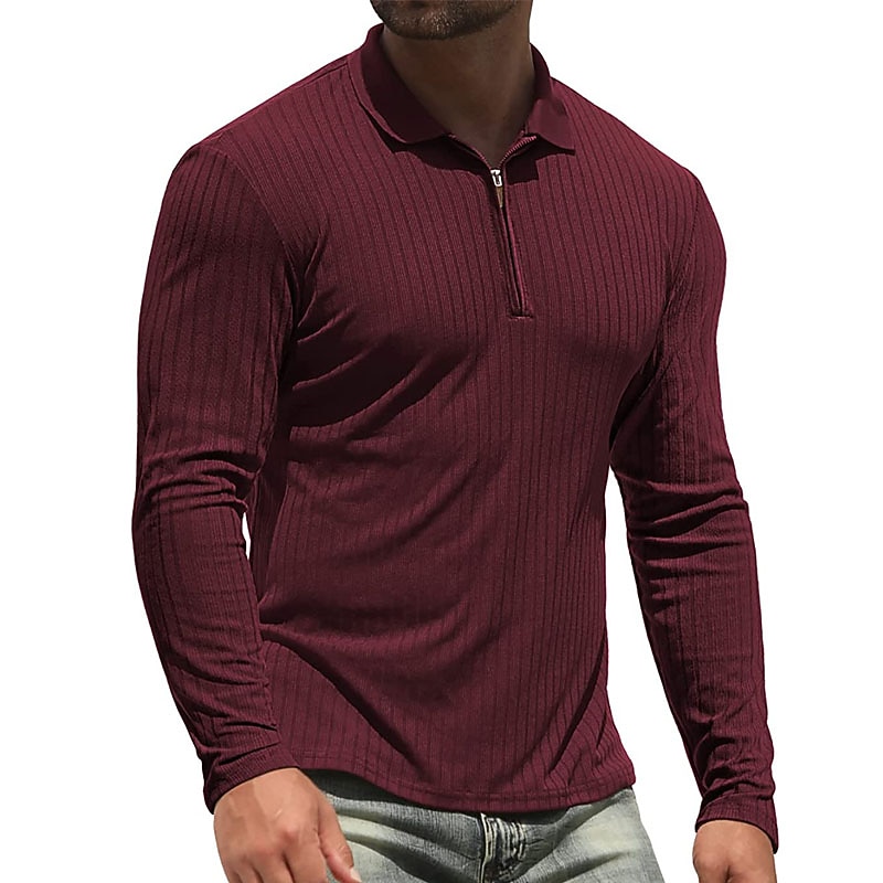 Men's Golf Shirt Knit Polo Casual Holiday Lapel Quarter Zip Long Sleeve Fashion Basic Plain Quarter Zip Summer Regular Fit Black White Wine Camel Green Dark Blue Golf Shirt3