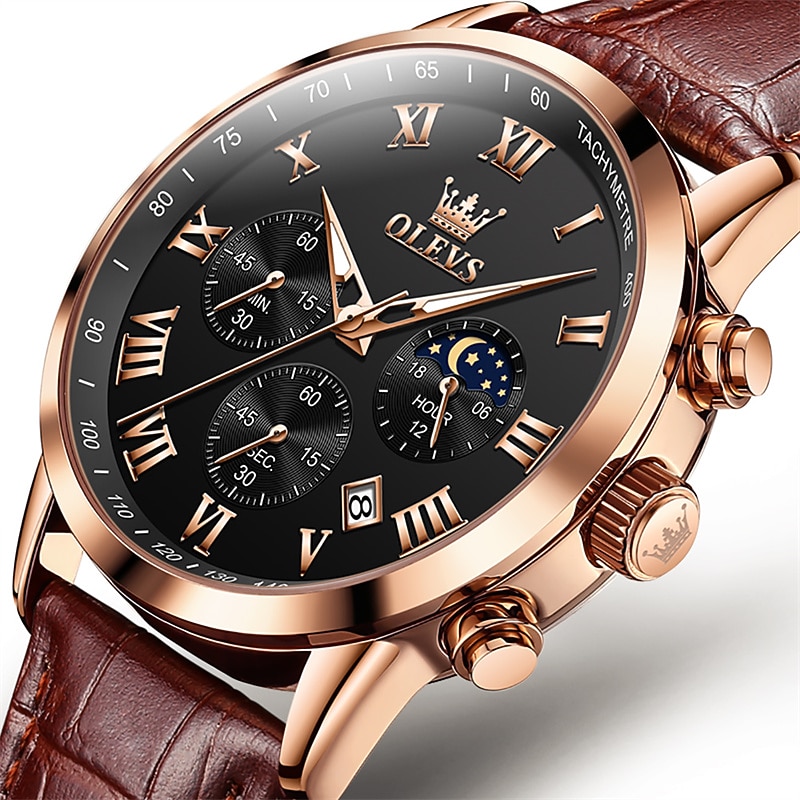 OLEVS Men Quartz Watch Sports Waterproof Moon phase Luminous Calendar Chronograph Genuine Leather Watch4