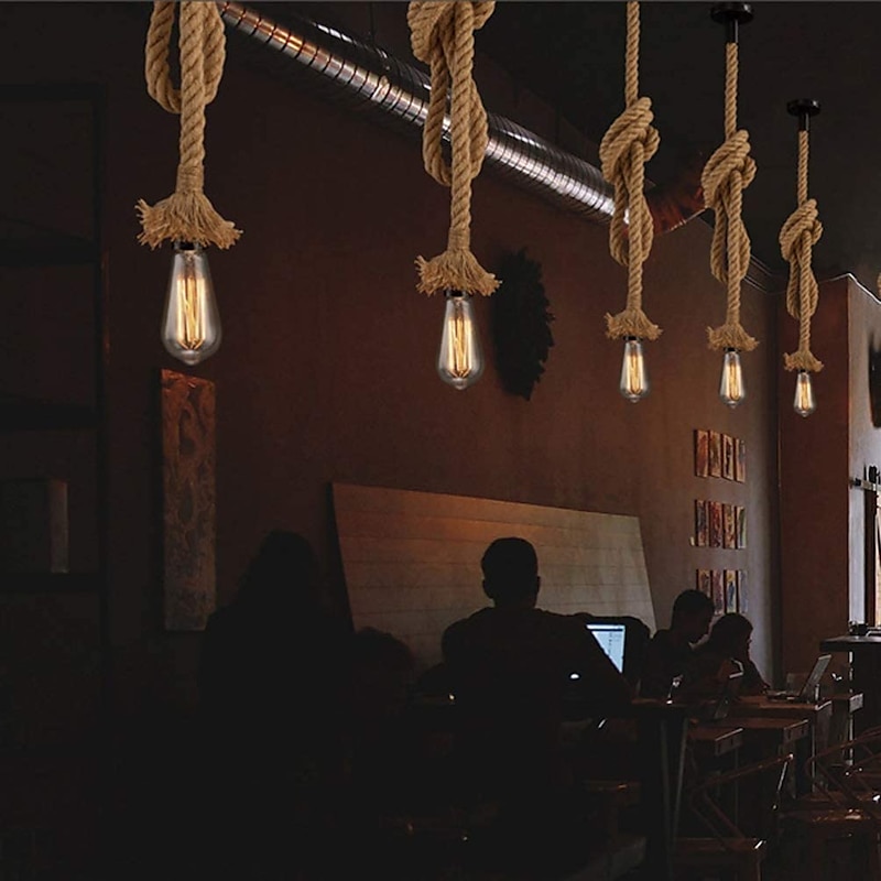 Vintage Hemp Rope Pendant Light Fixture 1 Head 1.5 Meter E26/E27 Base,Retro Hemp Rope Hanging Light Vintage Ceiling Light Lamp Retro Style For Dining Hall Restaurant Bar Lighting， bulb not included2