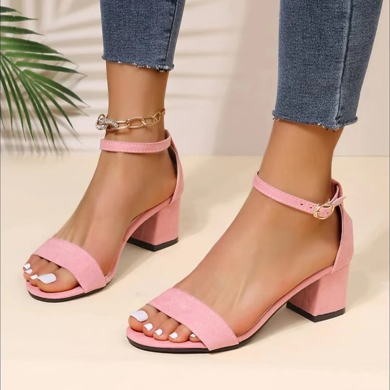 Women's Pink Block Heel Sandals with Ankle Strap and Open Toe, Elegant Suede Dress Shoes for Summer Weddings, Parties, and Casual Outfits