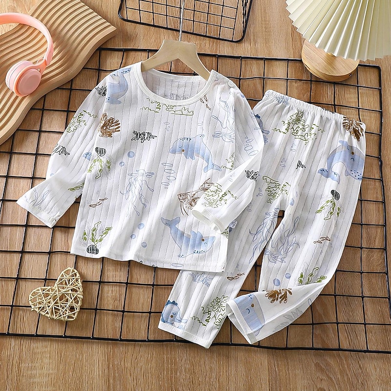 Kids Boys' 2 Pieces Pajama Sets Long Sleeve Long sleeve-Z02-milk dog Long Sleeve-Z04-Milk Tea Bear Long Sleeve-Z06-Spaceship Animal Cartoon Summer Spring Daily Home 7-13 Years3