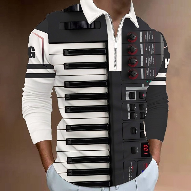 Music Festival Men's Music Zip Polo Shirts Golf Shirt Long Sleeve Polo Shirts Collared Shirts Casual Vacation Wear Festival Wear Party Outfits 3D Print Quarter Zip Polo Black White Yellow