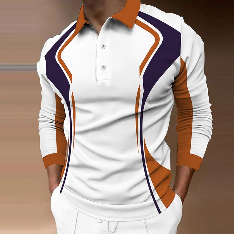 Men's Polo Shirt Golf Shirt Street Casual Polo Collar Classic Long Sleeve Fashion Designer Color Block Button Front Button-Down Spring &  Fall Regular Fit White Orange Green Gray Polo Shirt3