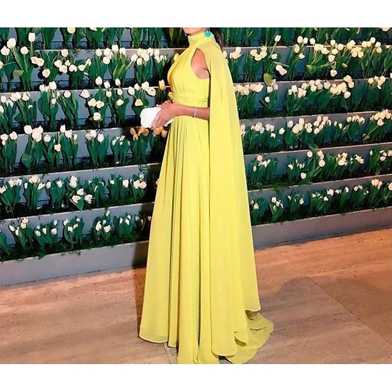 Beach Wedding A-Line Evening Gown Elegant Dress Formal Wedding Guest Floor Length Sleeveless High Neck Capes Chiffon with Ruched2