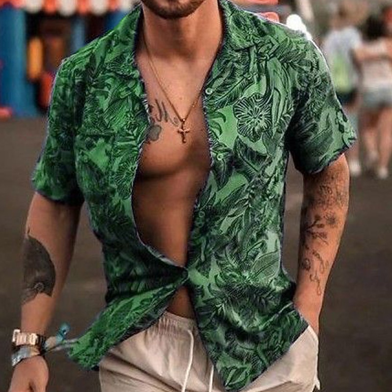 Men's Floral Tropical Plants Shirt Summer Shirt Casual Shirt Short Sleeve Shirt Camp Collar Fashion Casual Comfortable Vacation Street Daily Blue Green Dark Grey S M L2
