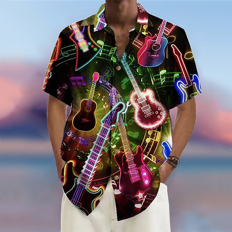 Men's Music Guitar Rock and Roll Shirt Summer Hawaiian Shirt Button Up Shirt Short Sleeves Fashion Streetwear Designer Outdoor Street Casual Summer Spring Turndown Print Apricot Yellow Blue Green4