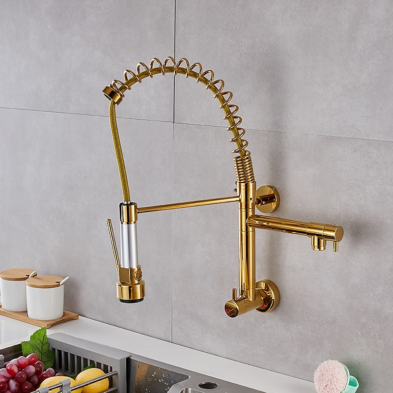 Wall Mounted Kitchen Sink Faucet Only Cold Water Pull Down Sprayer, 360 Swivel Pull Out Kitchen Taps 2 Sprayer Mode Vessel Water Tap Gold Black Chrome 9