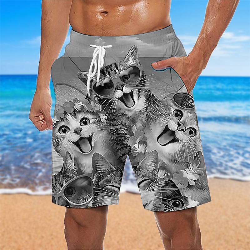 Men's Graphic Animal Cat Swim Trunks Swim Shorts Board Shorts Mid Waist Hawaiian Designer Boho Casual Daily Holiday Drawstring with Mesh lining Elastic Waist Designer Clothing Apparel3