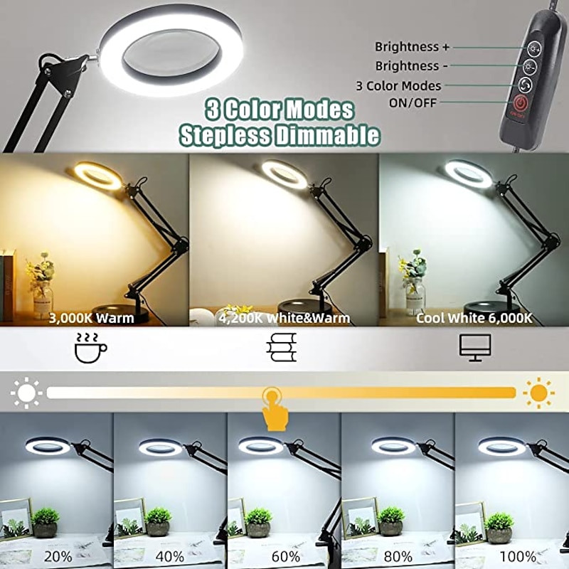 Flexible Clamp-on Table Lamp with 8x Magnifier Glass Swing Arm Dimmable Illuminated Magnifier LEDs Desk Light 3 Color Modes Lamp2
