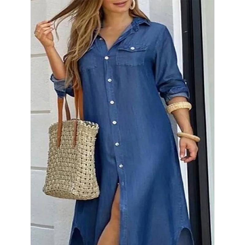 Women's Plus Size Curve Denim Dress Casual Dress Shift Dress Solid Color Long Dress Maxi Dress 3/4 Length Sleeve Button V Neck Fashion Daily Blue Summer Spring L XL XXL 3XL 4XL3