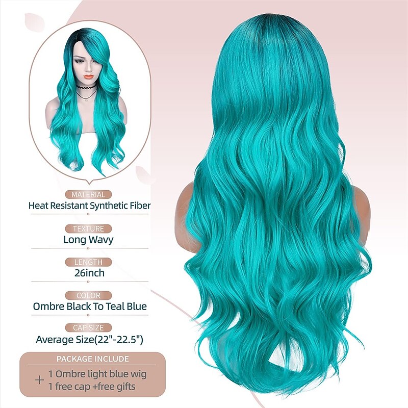 Love Ombre Bluish Green Wigs Long Curly Wavy Teal Blue Side Part Wig 2 Tones Dark Roots Synthetic Daily Party Cosplay Wigs for Women Halloween Wigs3