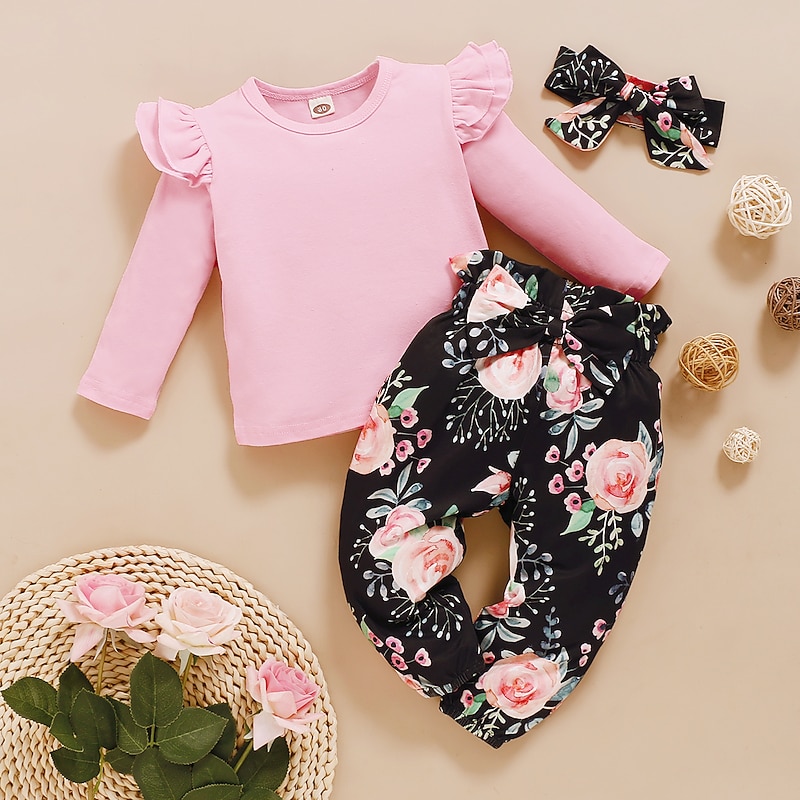 Girls' 3D Floral Solid Colored Clothing Set Long Sleeve Basic Toddler 1-4 Years School Daily Wear Regular Fit