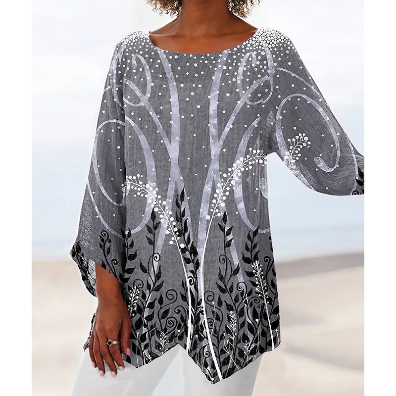 Women's Blouse Long Sleeve Asymmetrical Hem Chiffon Daily Basic Leaf Print Long Tops Round Neck Casual Holiday Blue Green Gray Fall & Winter