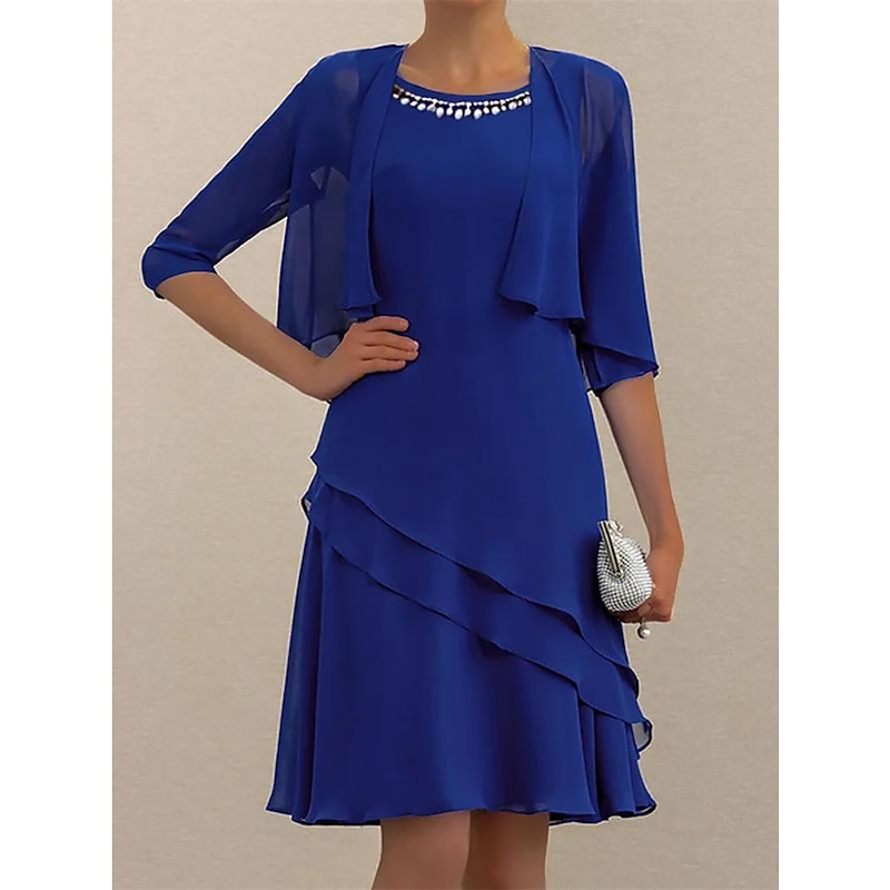 Women's Wedding Guest Cocktail Dress Elegant Dress Set Work Chiffon Dress Office Fashion Ruffle Patchwork Mini Dress Crew Neck Half Sleeve Plain Summer Spring