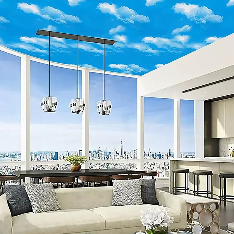 Cool Wallpapers Blue Wallpaper Wall Mural Self adhesive PVC waterproof 3D blue sky white cloud color decoration film Bedroom living room ceiling wall sticker instant paste a roll of 17.72*74.78inches4