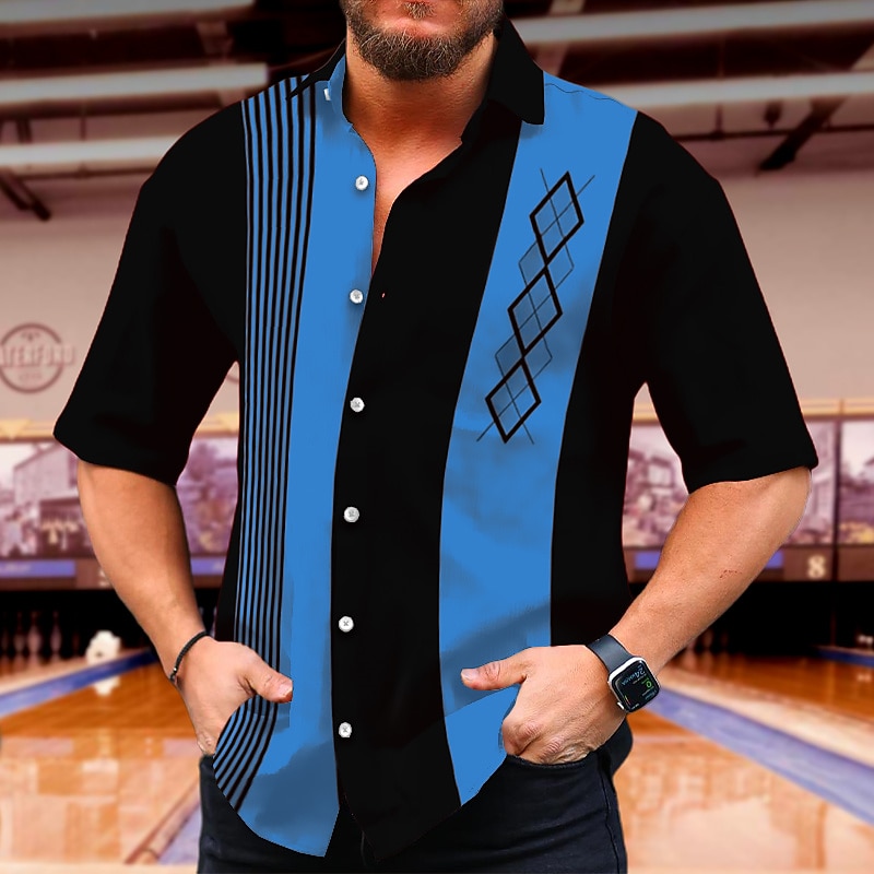 Men's Geometric Geometric Pattern Shirt Summer Shirt Bowling Shirt Short Sleeve Fashion 1950s Casual Vacation Daily Going out Summer Turndown Print Black Wine Red Blue
