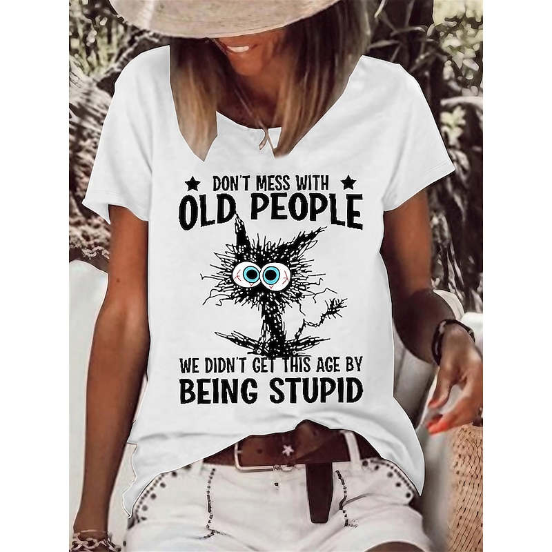 Women's T Shirt Cat Letter Text Basic Short Sleeve Round Neck Regular Tops Daily Weekend Print White Pink Blue Green Gray Spring, Fall, Winter, Summer