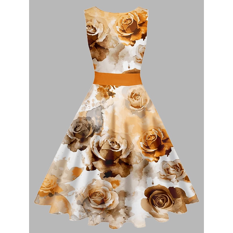 Women's Vintage Elegant Vintage Tea Dresses Midi Dress Daily Date Ruched Print Floral Crew Neck Sleeveless Slim Summer Spring 2023 Yellow Blue S M L XL3