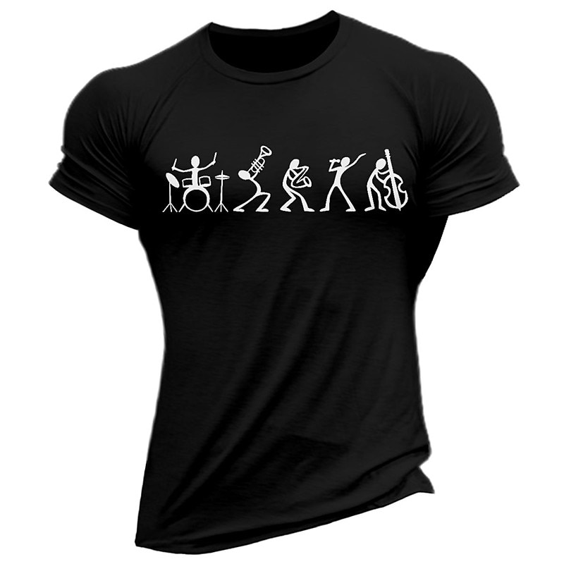 Men's Short Sleeve Graphic T-Shirt, Light Blue Music Band Stick Figure Design Casual Tee3