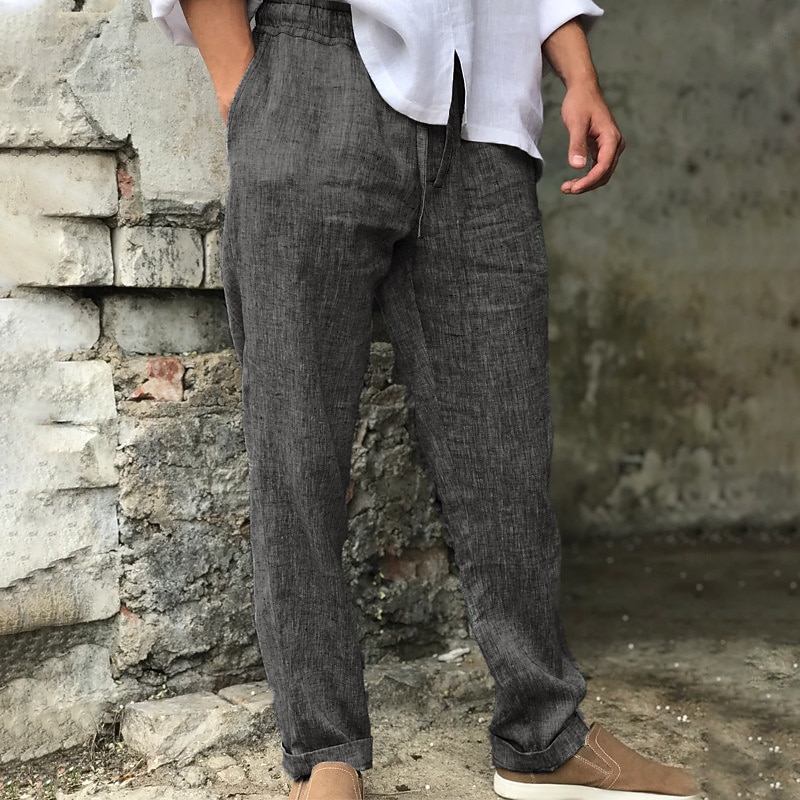 Men's Linen Pants Trousers Summer Pants Beach Pants Drawstring Elastic Waist Straight Leg Plain Comfort Breathable Casual Daily Holiday Streetwear Designer Gray3