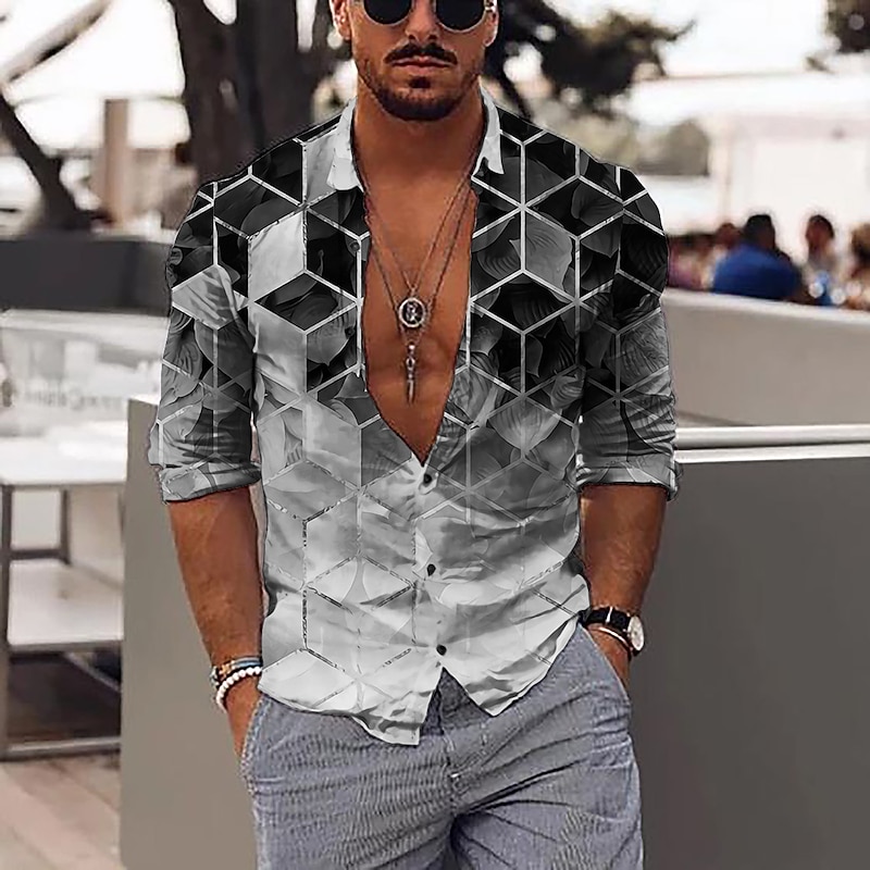 Men's Geometric Pattern Geometry Shirt Button Up Shirt Long Sleeve Fashion Designer Casual Outdoor Vacation Daily Spring & Summer Stand Collar 3D Print Button-Down Black White Pink Dark Green Green4