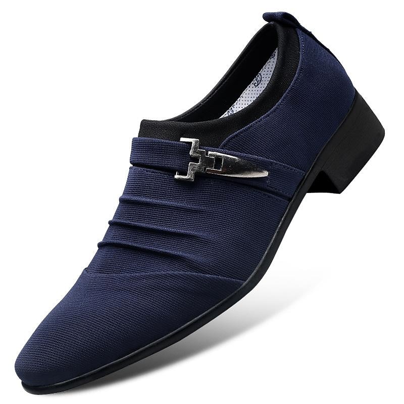 Men's Formal Dress Shoes with Metal Buckle - Elegant Slip-On Loafers in Navy Blue for Weddings & Business Attire