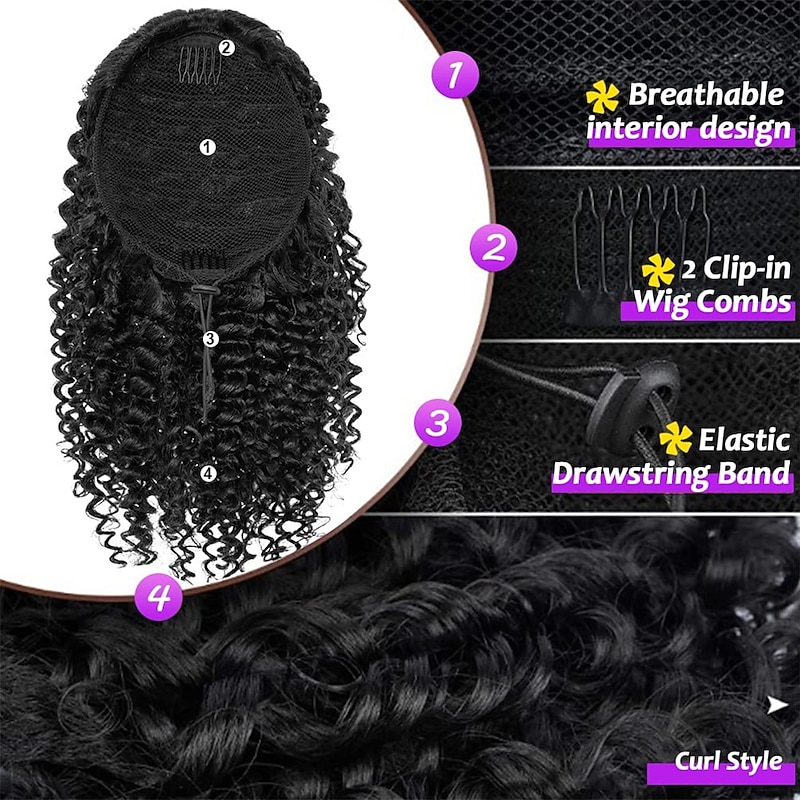 Short Kinky Curly Ponytail Extension for Black Women 10 Inch Natural Black Drawstring Curly Ponytail with Two Clips Synthetic Afro Drawstring Ponytail for Black Women4