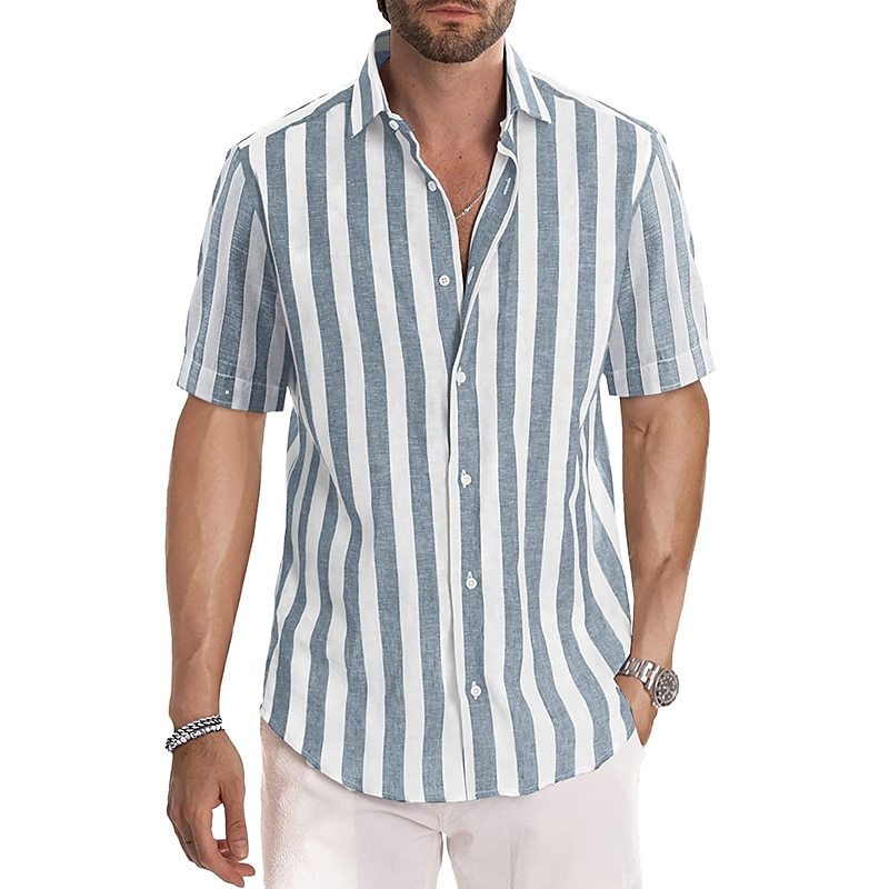 Men's Shirt Casual Shirt Striped Shirts grey blue Black Blue Green Gray Short Sleeve Stripe Turndown Outdoor Daily Wear Print Clothing Apparel Polyester Fashion Streetwear Casual