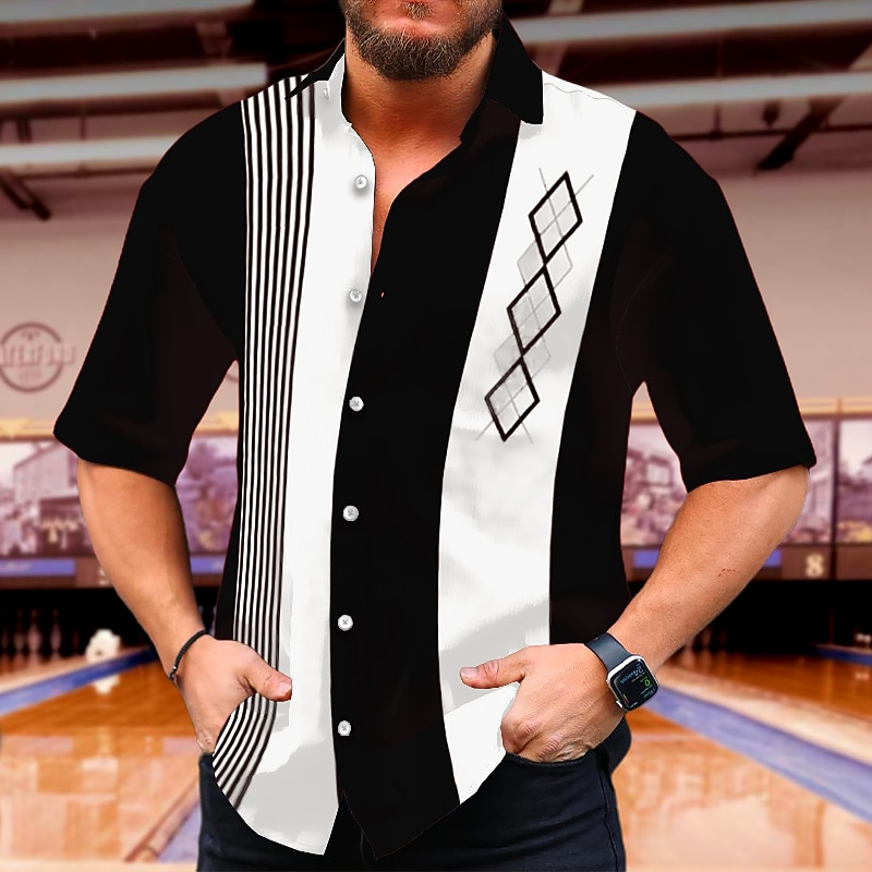 Men's Geometric Geometric Pattern Shirt Summer Shirt Bowling Shirt Short Sleeve Fashion 1950s Casual Vacation Daily Going out Summer Turndown Print Black Wine Red Blue3