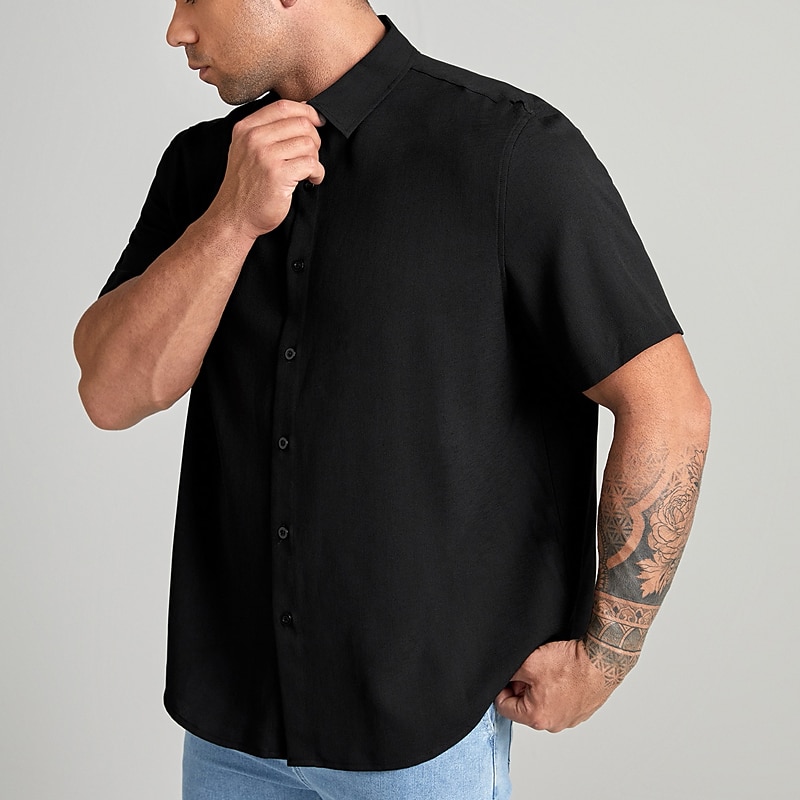 Men's Plain Shirt Button Up Shirt Short Sleeve Shirt Turndown Outdoor Vacation Black Plus Size Clothing Apparel Modern Style Solid Retro Vintage4