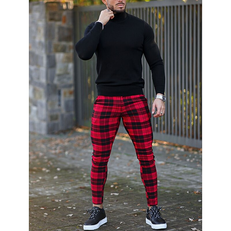 Men's Trousers Chinos Chino Pants Plaid Dress Pants Pocket Plaid Comfort Breathable Outdoor Daily Going out Fashion Streetwear White Red3