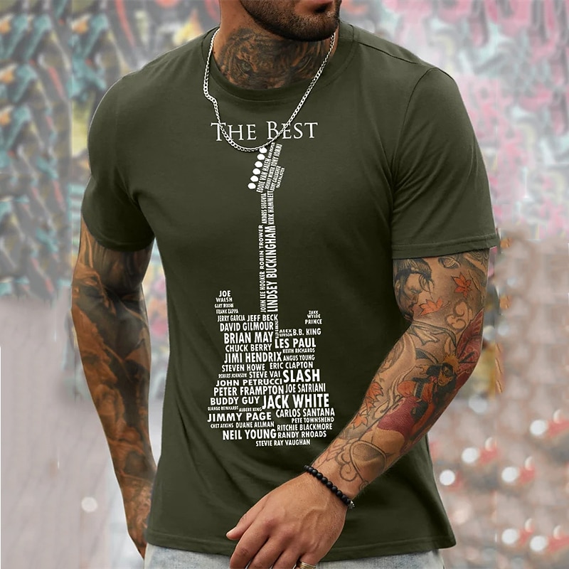 Men's Graphic T-Shirt, "The Best" Guitar Legends Iconic Musicians List in Guitar Shape Design Music Fan Tee2