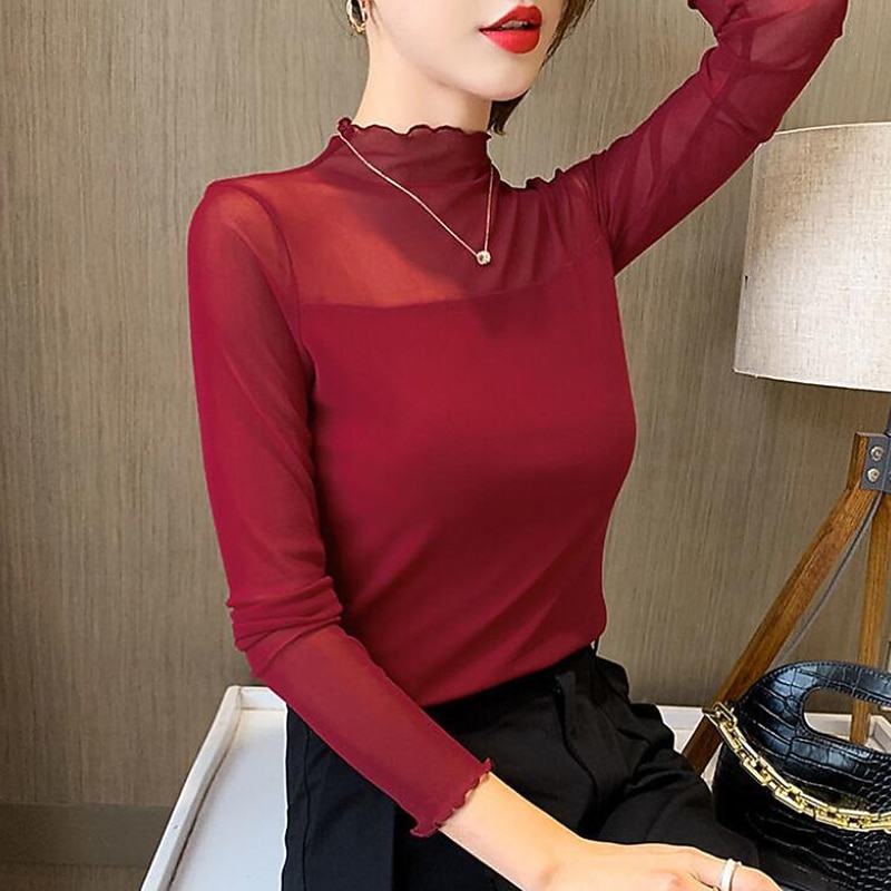 Ballroom Dance Activewear Top Ruching Pure Color Splicing Women's Performance Training Long Sleeve Polyester Mesh4