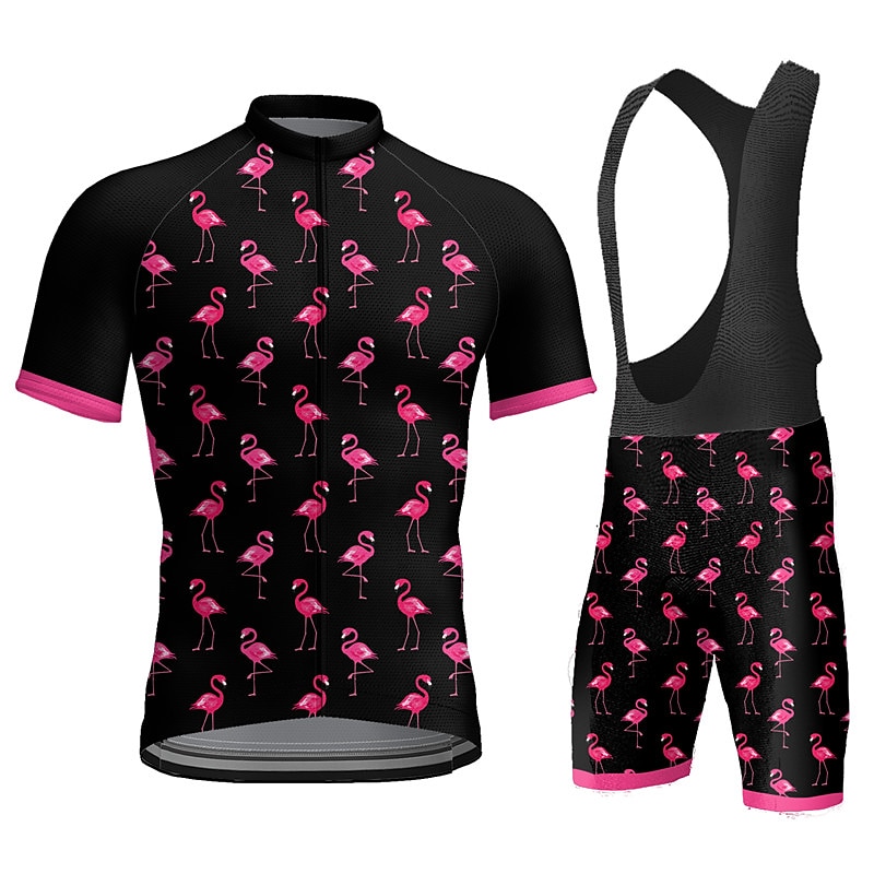 Men's Cycling Jersey with Bib Shorts Short Sleeve Mountain Bike MTB Road Bike Cycling Dark Grey Black White Graphic Flamingo Bike Clothing Suit 3D Pad Breathable Quick Dry Back Pocket Polyester2