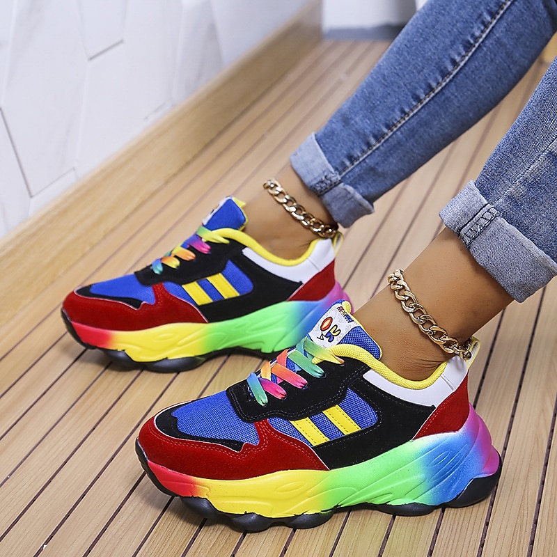 Women's Rainbow Chunky Sneakers – Colorful Mesh Lace-Up Sports Shoes for Running, Walking & Casual Streetwear
