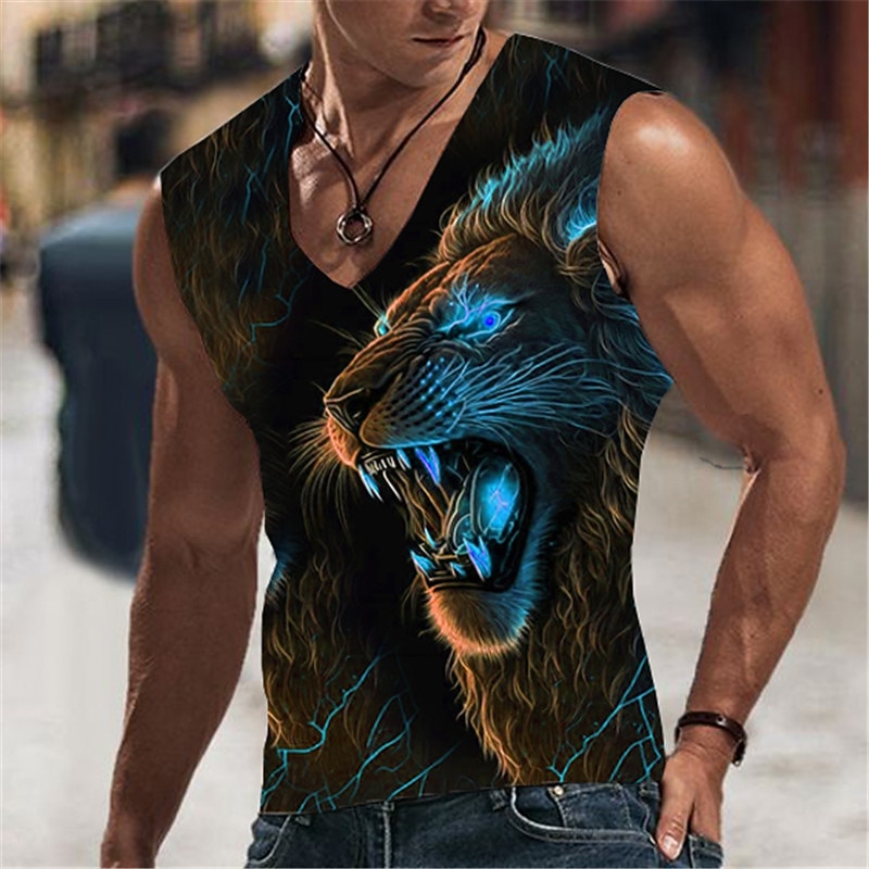 Men's Graphic Animal Lion Vest Top Sleeveless T Shirt for Men Sleeveless T shirt 3D Print V Neck Shirt Designer Casual Muscle Sports Running Gym Blue Orange Green Spring & Summer Clothing Apparel S M3