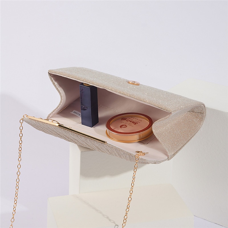 Women's Elegant Gold Glitter Evening Clutch Bag with Metal Accent - Perfect for Weddings, Parties, and Formal Events4