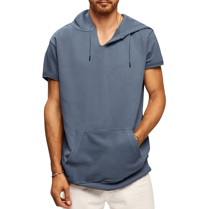 Men's T Shirt Short Sleeves Hooded Summer Plain Fashion Casual Daily Front Pocket Outdoor Going out Black White Blue Top Tee for Men