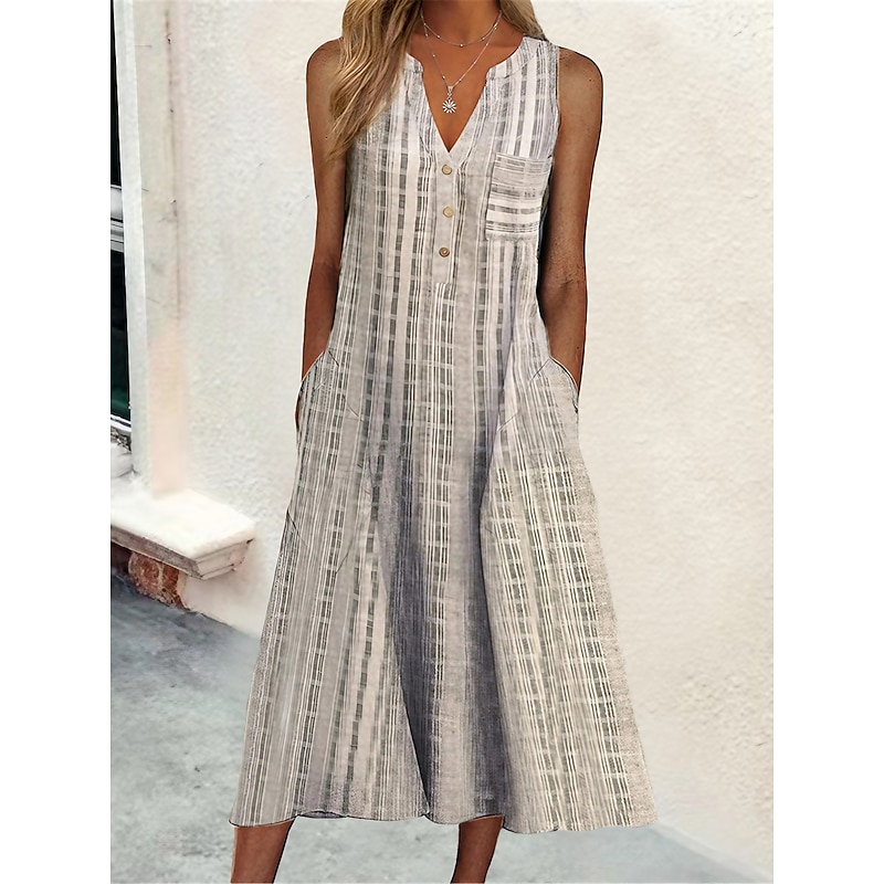 Women's Midi Dress Cotton Linen Dresses Tank Dress Summer Dress Print Dress Active Fashion Outdoor Daily Weekend Loose Fit Plaid Sleeveless V Neck Black Pink Blue Purple Summer Spring - Main Image