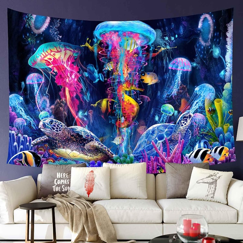 Blacklight Tapestry UV Reactive Glow in the Dark Glow Party Neon Jellyfish Marine Psychedelic Trippy Misty Hanging Tapestry Wall Art Mural for Living Room Bedroom