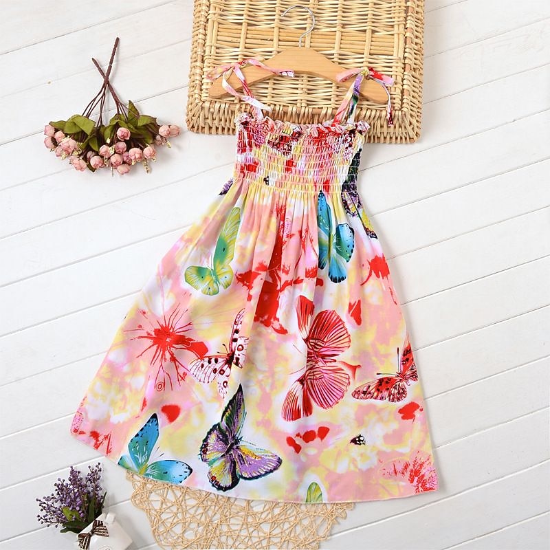 Kids Girls' Floral Dress Floral Sleeveless Casual Active Daily Cotton Knee-length Floral Dress Summer Dress Summer Spring 2-12 Years Lemon Butterfly Green stripes3