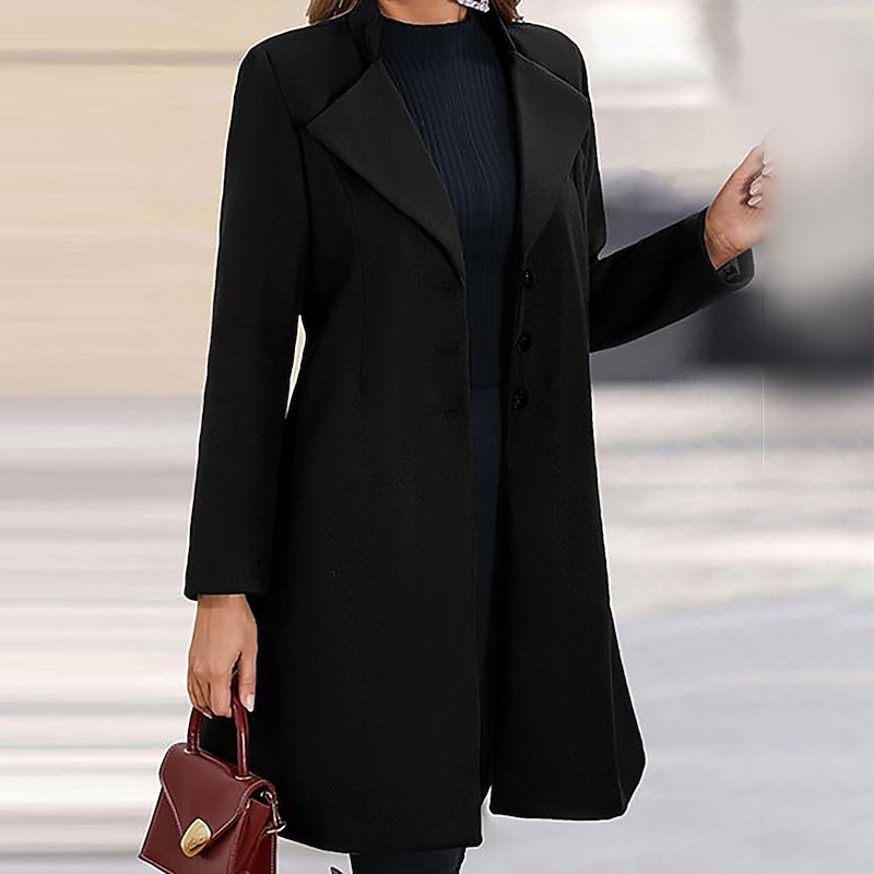 Women's Wool Blend Coat Winter Singel Breasted Lapel Long Pea Coat Fall Over Coat Formal Office Windproof Warm Simple Elegant & Luxurious Basic Jacket Long Sleeve Black3